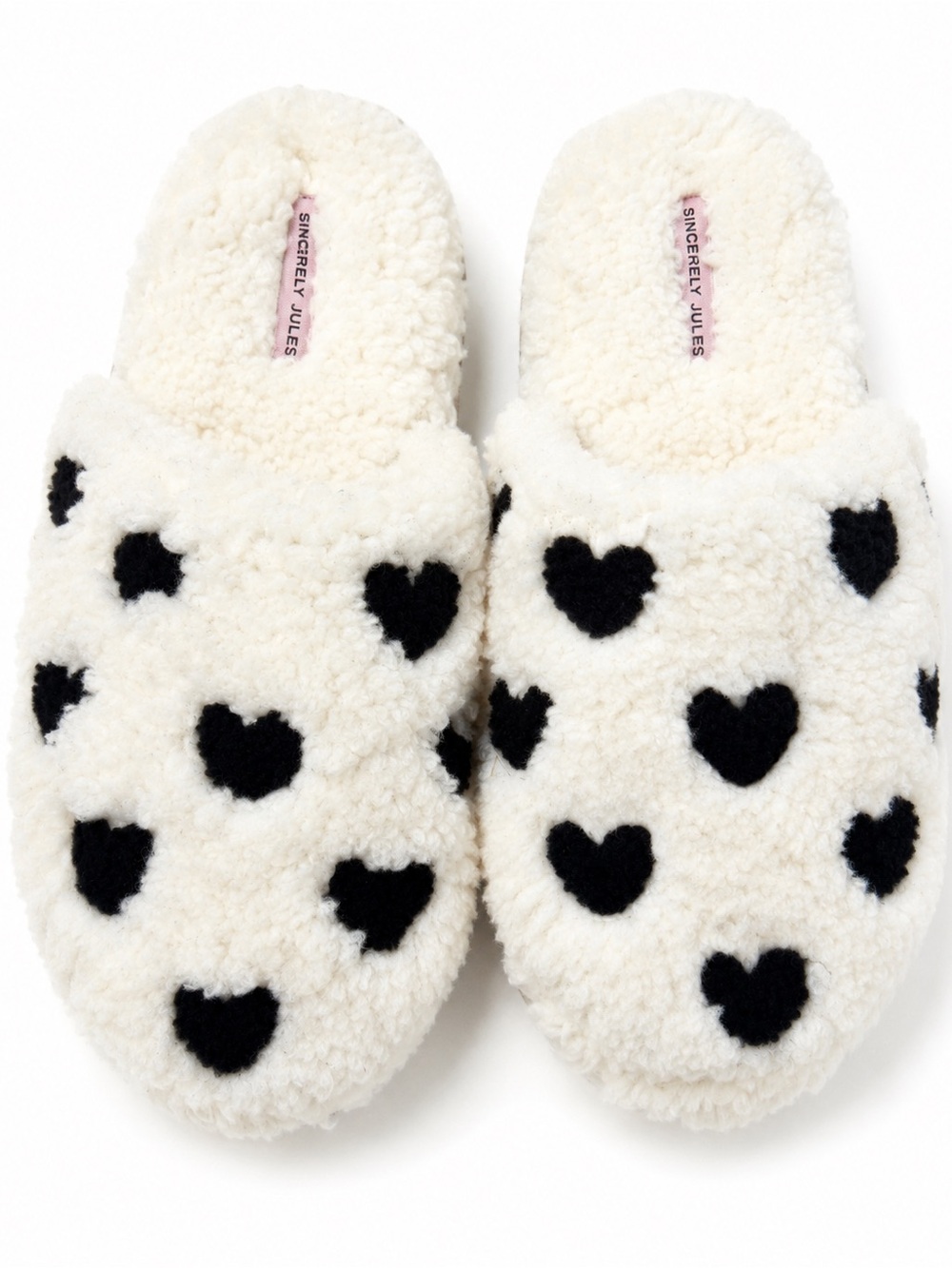 Sincerely Jules Cream Sherpa Heart Slip-On Slippers with Black Hearts